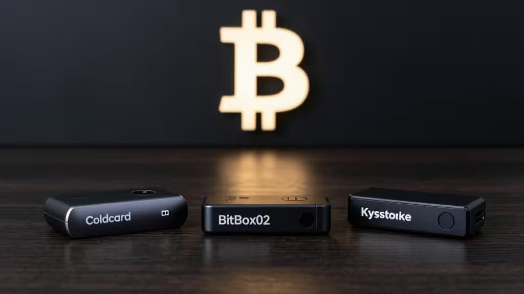 Drei schwarze Hardware-Wallets (Coldcard, BitBox02, Kysstoike) vor leuchtendem Bitcoin-Symbol auf dunklem Holz.