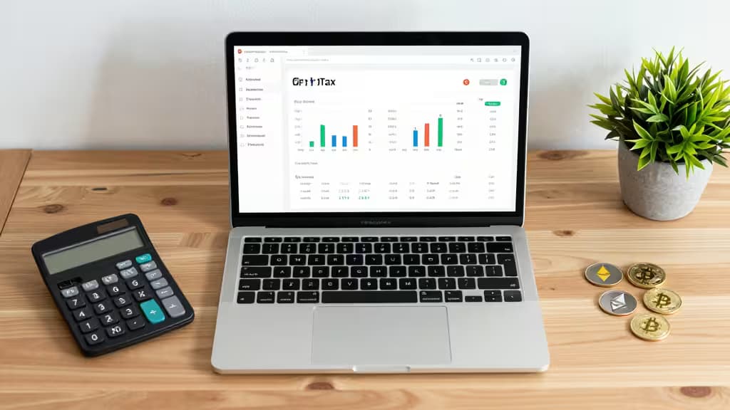 Laptop displays crypto tax dashboard beside calculator, coins, and plant on wooden desk.