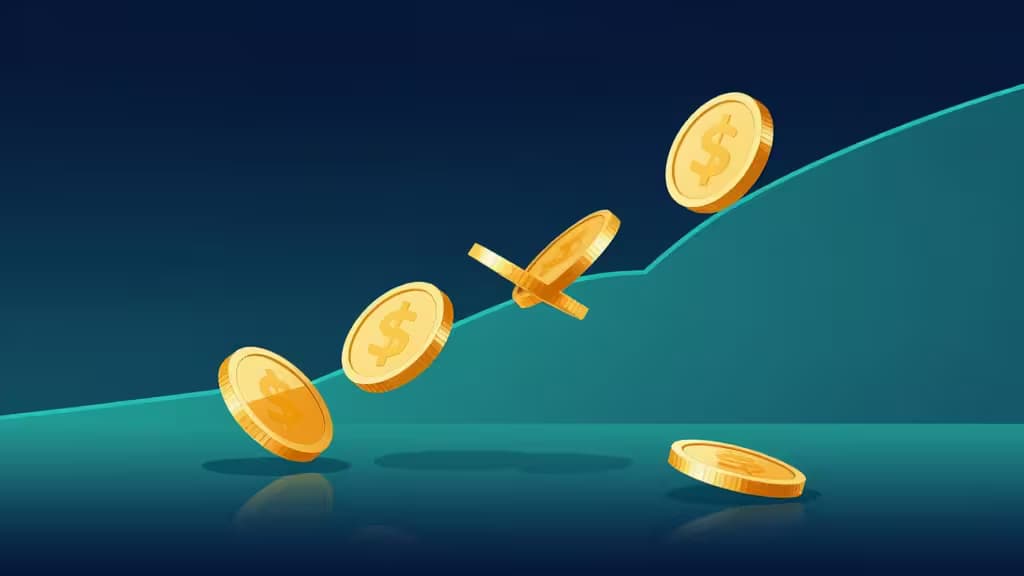 Golden dollar coins cascade down a teal graph curve against a deep blue background, symbolizing rising crypto staking yields.