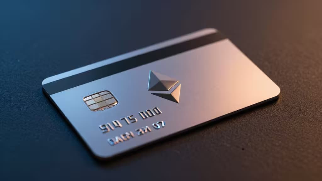 Une carte de débit crypto argentée avec le logo Ethereum repose sur une surface texturée sombre.