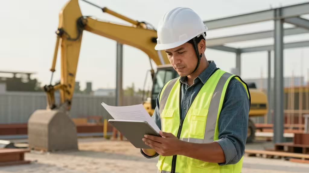 Trabalhador da construção com capacete e colete refletivo analisando documentos financeiros em um tablet no canteiro de obras, com guindastes e estrutura de aço ao fundo.