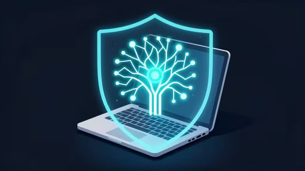 Abstract illustration of a laptop running AI models locally with glowing neural network nodes contained within a protective shield boundary, set against a dark background with blue and teal accents.