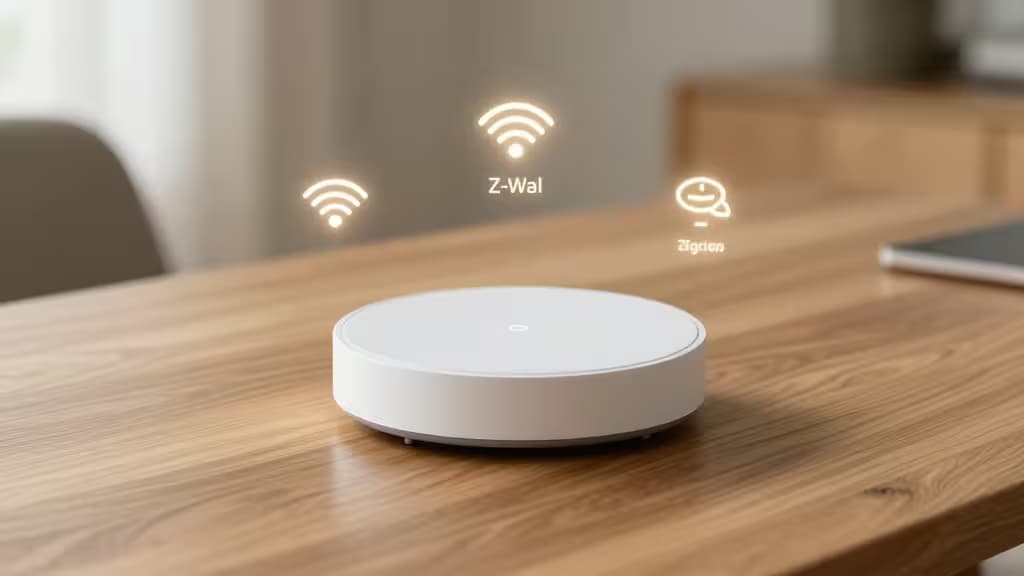 White smart hub on wooden table with glowing Z-Wave and Zigbee icons.