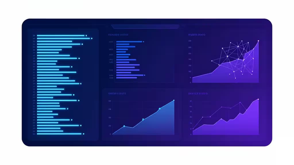 Abstract dashboard displays glowing blue and purple data visualizations on a dark background.