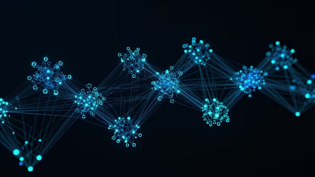Glowing blue vector clusters connect via thin lines across a dark background, symbolizing affordable RAG data structures.