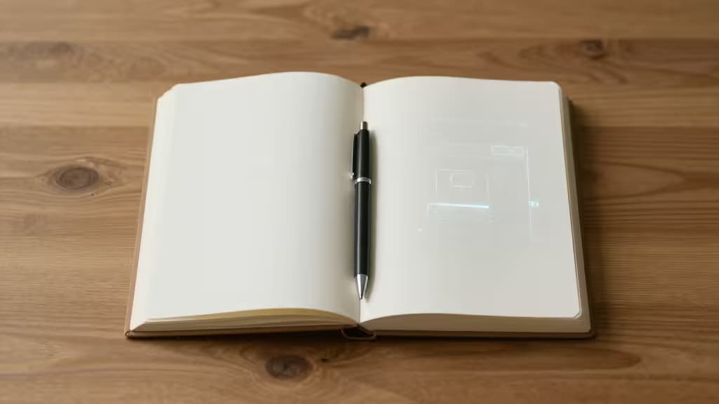 An open journal rests on a wooden desk, with a sleek pen placed across its pages, subtly hinting at digital integration.