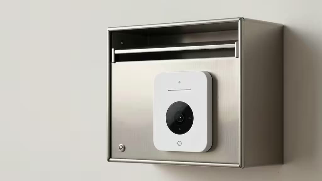 Caixa de correio em aço inoxidável com módulo sensor branco e lente circular preta para alertas de correspondência e encomendas.
