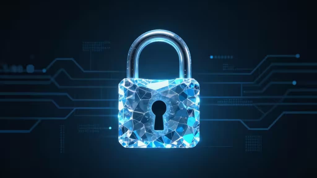 Glowing blue crystal padlock centered on dark digital circuitry background.