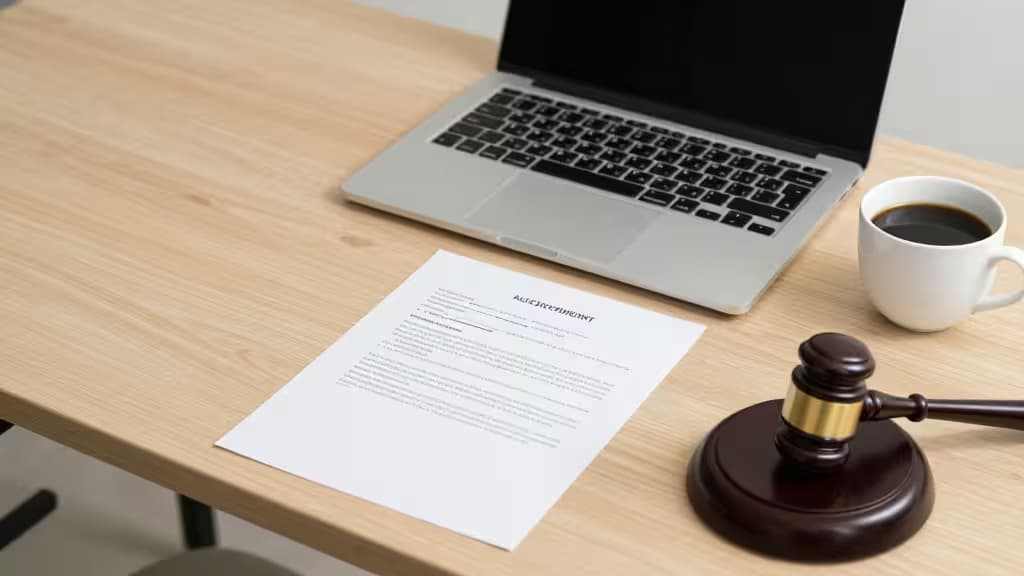 A gavel, legal document, laptop, and coffee cup rest on a wooden desk.