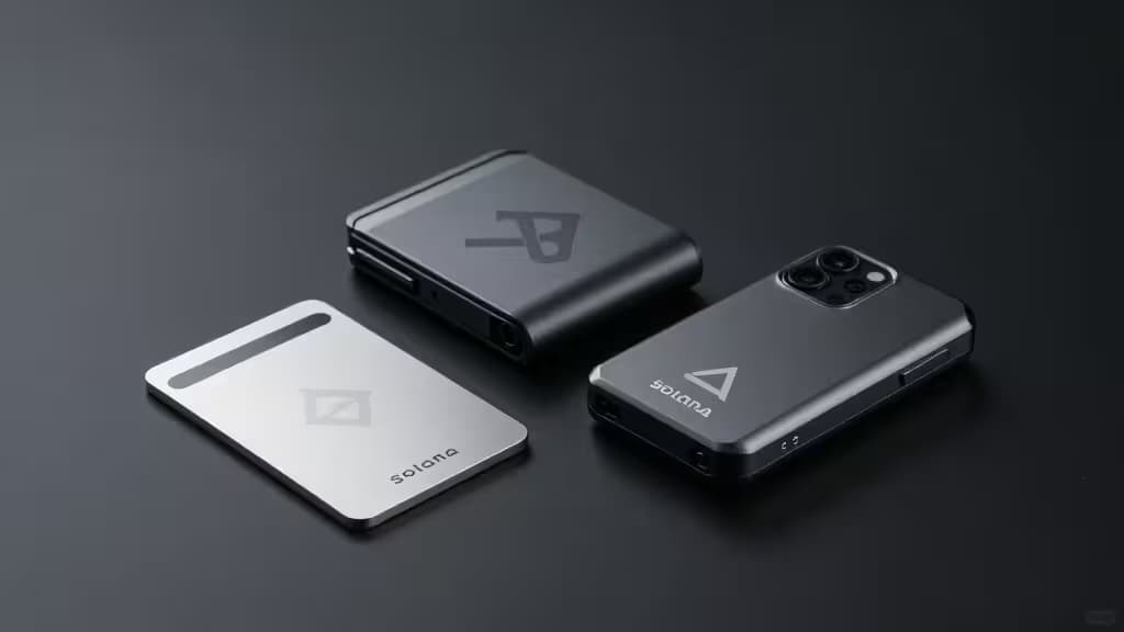 Three sleek Solana-branded hardware wallets in matte black and silver, arranged on dark surface.