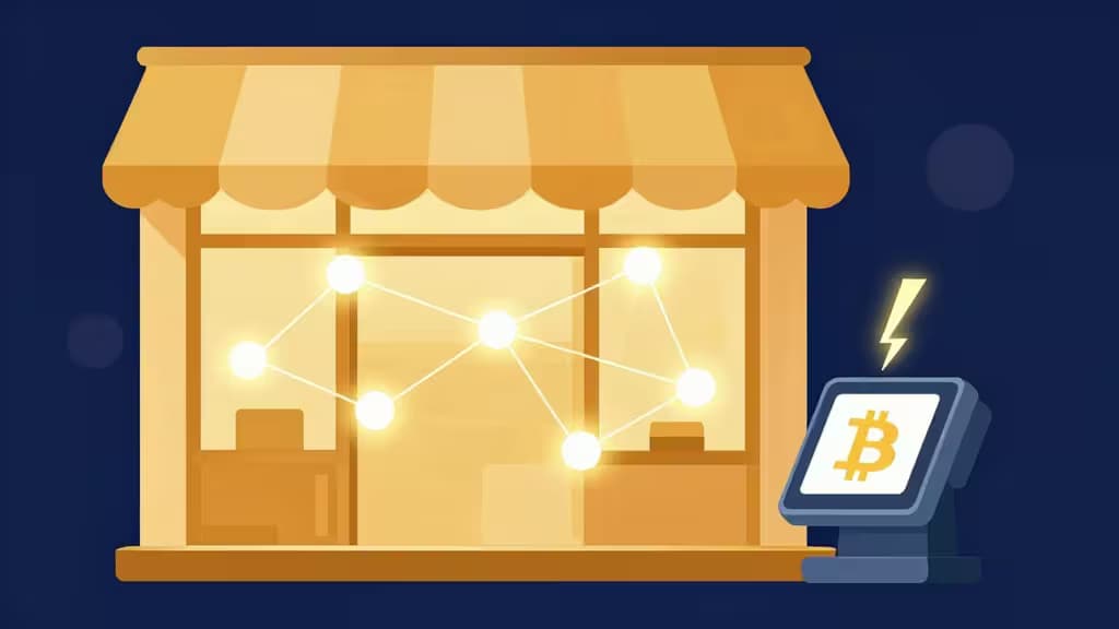 Abstrakte Darstellung eines Kleinunternehmens, das Bitcoin-Lightning-Zahlungen an einem Kassenterminal annimmt, mit leuchtenden Netzwerkknoten in warmen Gold- und Blautönen.