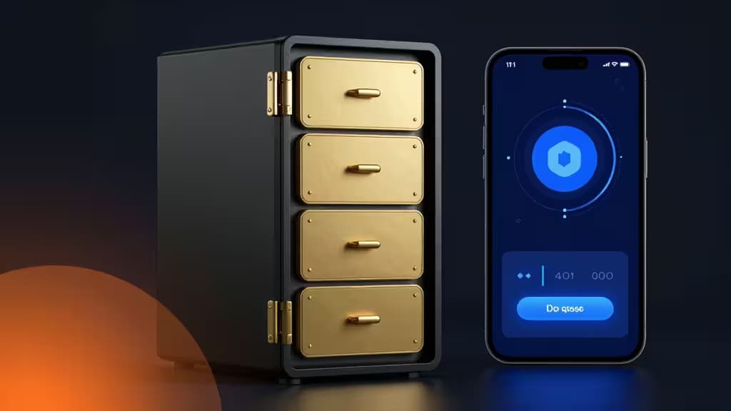 Een strakke zwarte kluis met gouden laden naast een smartphone met een blauwe crypto wallet interface
