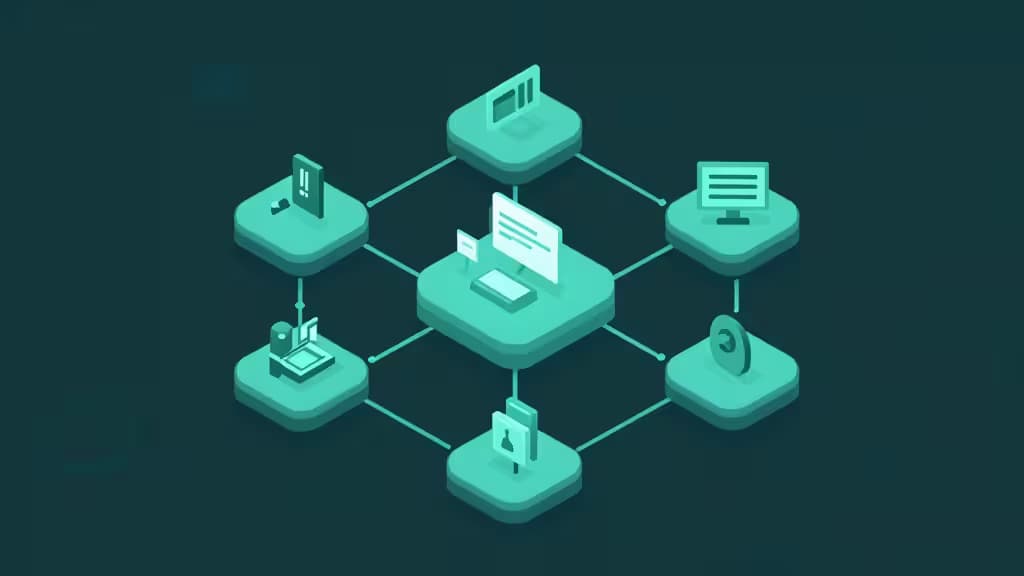 Teal isometric dashboard displays interconnected service nodes and deployment pipelines for engineering teams.