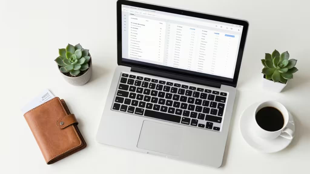 Laptop displays financial data, flanked by succulents, coffee, and a leather wallet on a clean desk.