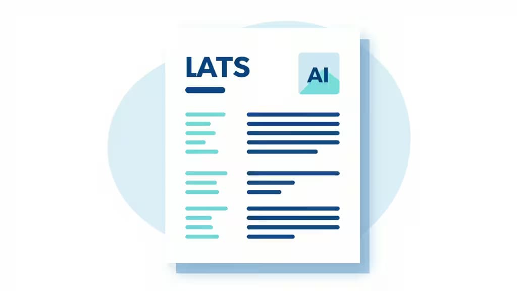 Ilustración abstracta de un currículum optimizado por IA con elementos de filtrado ATS, sobre un fondo azul suave.