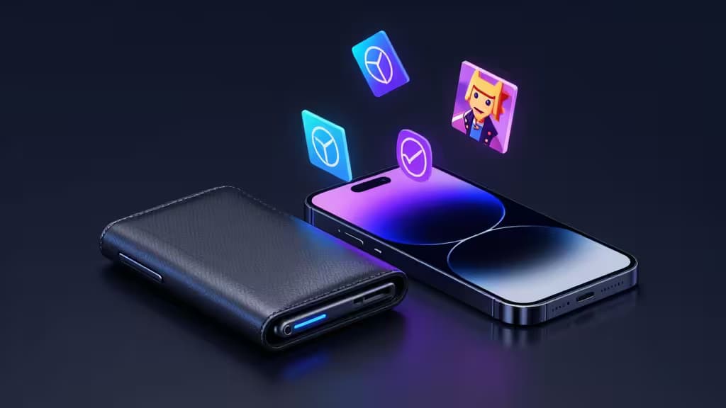 Ein schwarzes Hardware-Wallet und ein Smartphone zeigen leuchtende Polygon-NFT-Symbole vor dunklem Hintergrund.