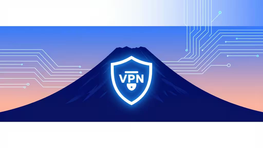 Illustrazione astratta del Monte Fuji all'alba con pattern digitali a forma di circuito e scudo VPN luminoso, palette indigo e blu elettrico.