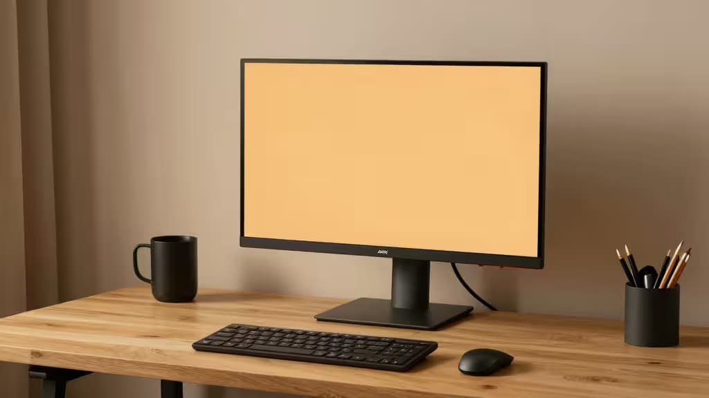 Monitor sobre brazo ajustable con resorte de gas, taza negra, teclado, mouse y portalápices sobre escritorio de madera.