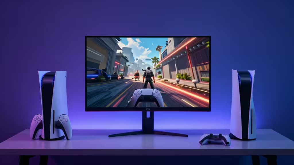 Moniteur de gaming affichant une scène 4K vibrante à côté d'une console PlayStation 5 sur un bureau éclairé d'ambiances bleues et violettes.