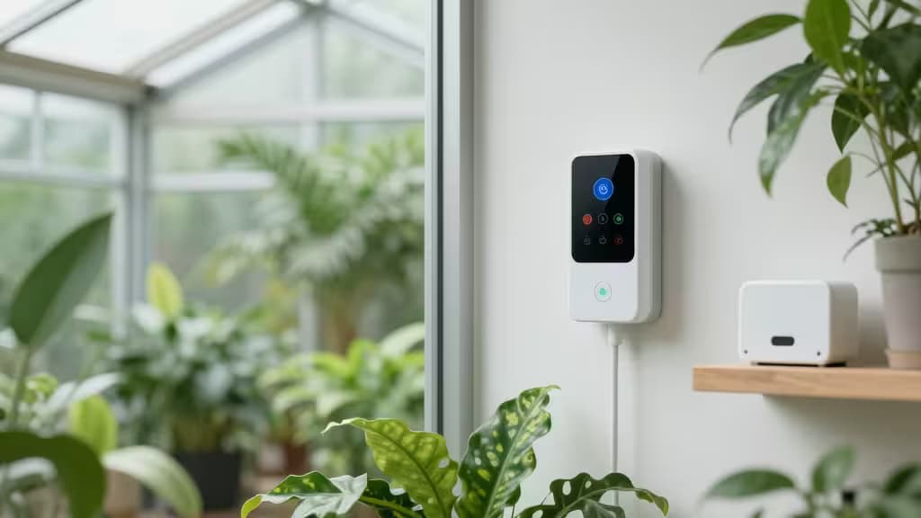 Un controlador de riego inteligente blanco con pantalla digital montado en la pared junto a una estantería de madera con una maceta, con un invernadero verde y frondoso al fondo.