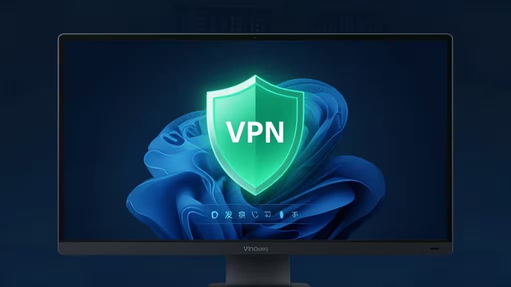 Um ícone de escudo VPN verde brilhante centralizado em uma tela de monitor com Windows 11.