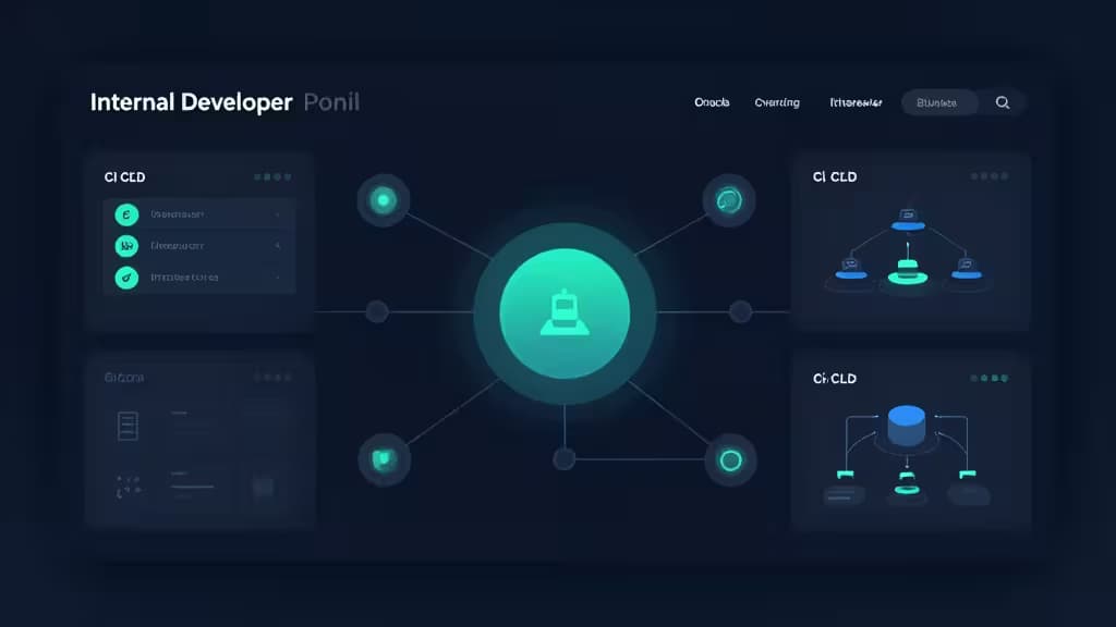 Abstract illustration of an internal developer portal dashboard with interconnected service nodes, glowing connection lines, and geometric panels representing CI/CD pipelines in deep navy and teal tones.