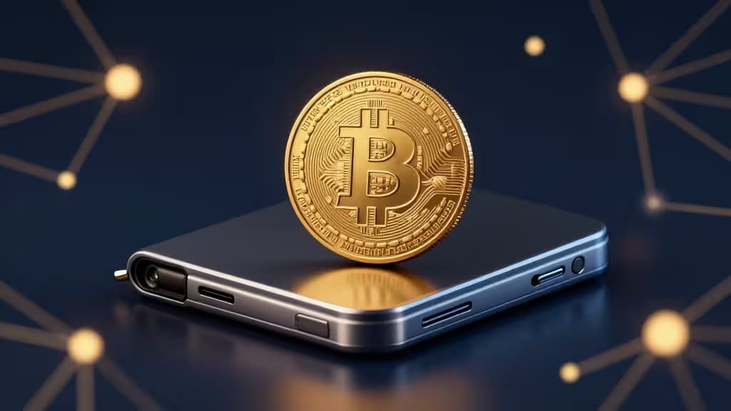 Золотая монета Bitcoin на элегантном хардвер-кошельке на тёмно-синем фоне с светящимися узлами сети.