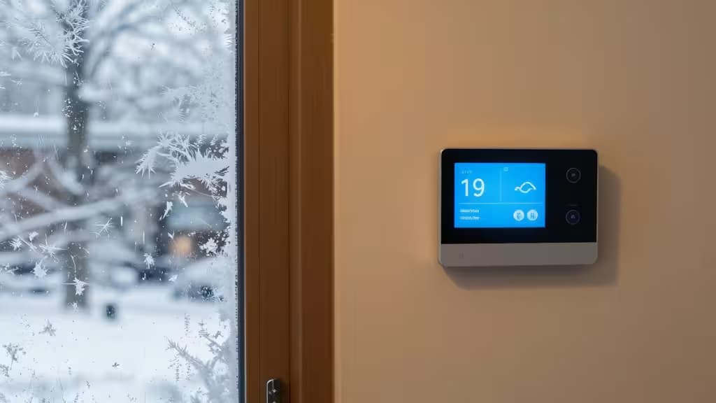 Maison connectée en hiver avec un thermostat intelligent mural, givre sur la fenêtre et neige à l'extérieur.