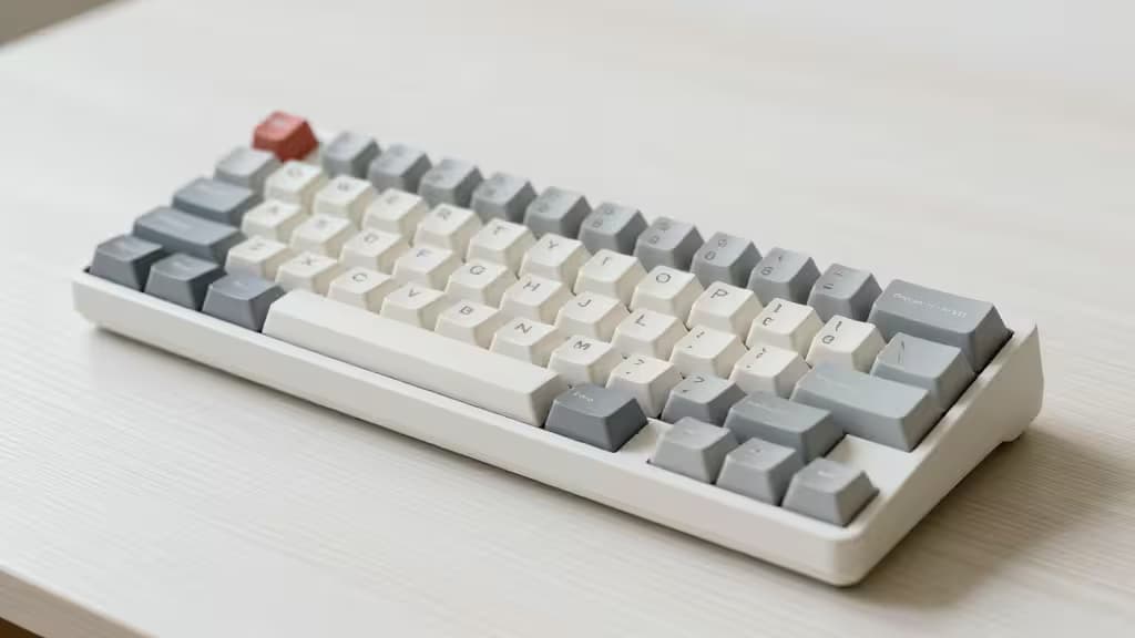 Teclado mecânico Alice em tons neutros sobre mesa de madeira clara, iluminado naturalmente.