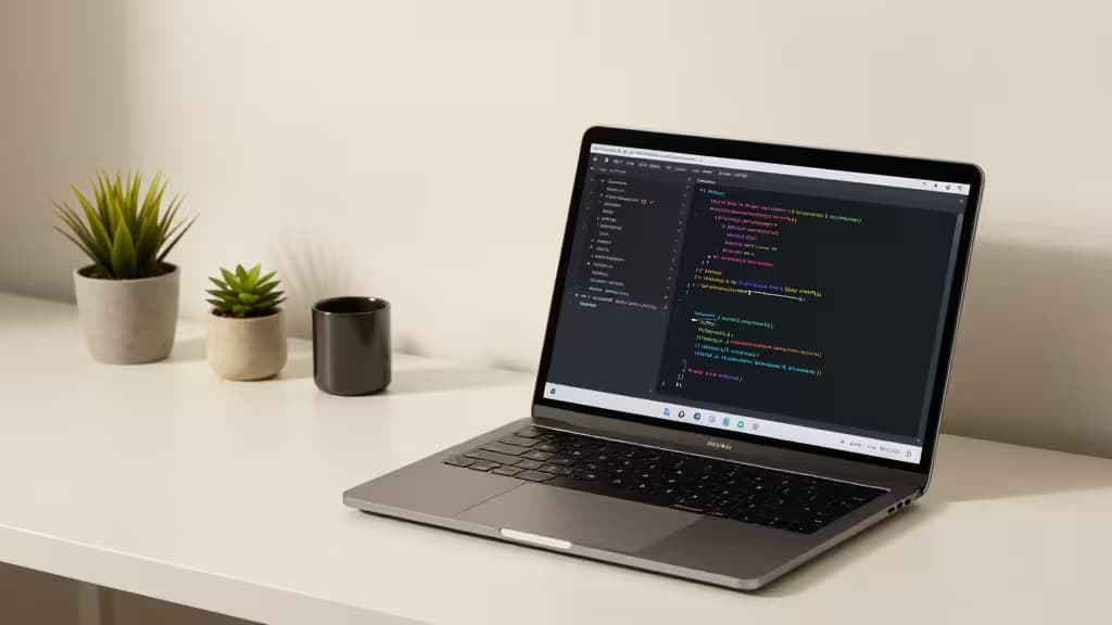 Un portátil elegante muestra código Rust en un escritorio minimalista con plantas y una taza de café.