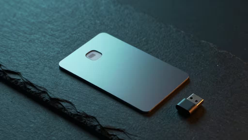 Slate surface holds a sleek metallic card wallet and small USB dongle under cool blue lighting.