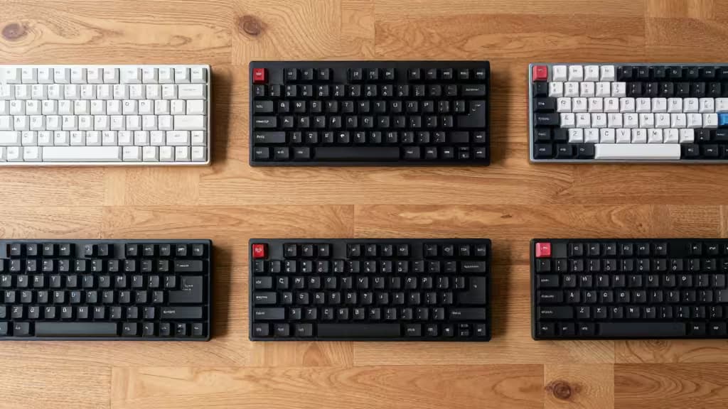 Six mechanical keyboards on wood: white, black, and mixed layouts with red accents.