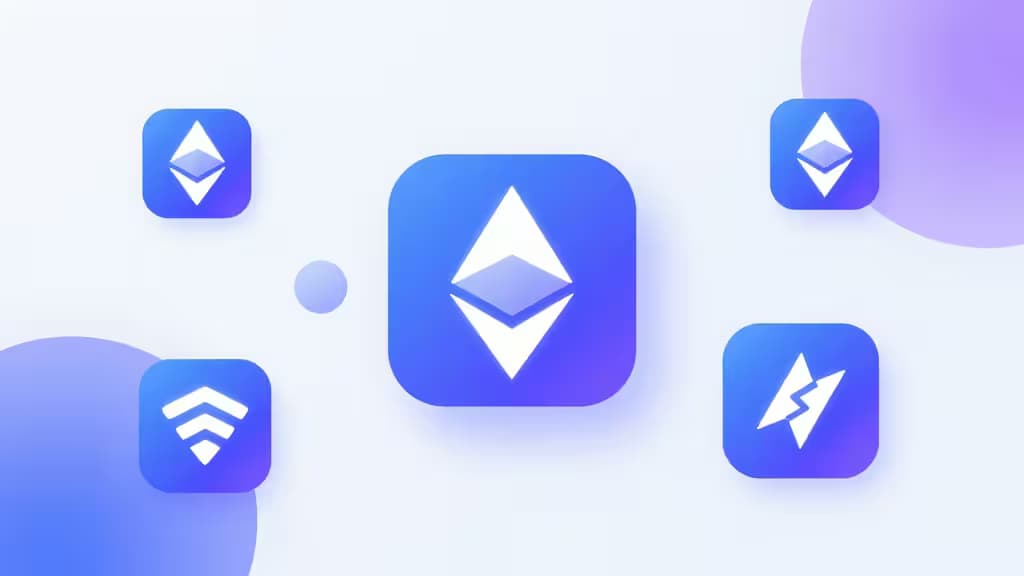 Floating Ethereum and crypto icons on a gradient background, symbolizing low-fee NFT marketplaces.