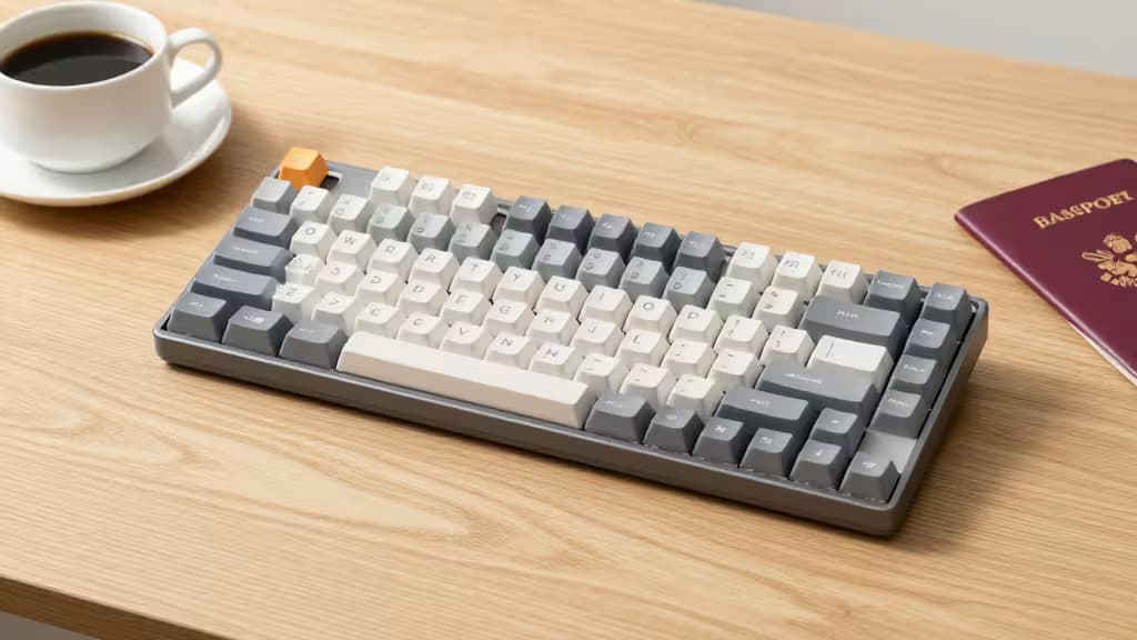 A compact low-profile mechanical keyboard with white and gray keys sits on a wooden desk beside a passport and coffee cup.