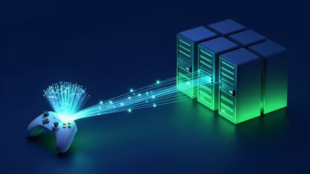 Glowing fiber-optic cables stream from a white game controller to green server racks, symbolizing low-latency cloud gaming connectivity.