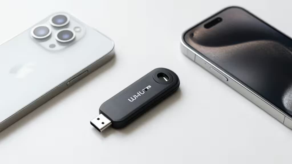 Una YubiKey negra descansa entre dos iPhones sobre una superficie blanca, destacando la seguridad hardware para usuarios de iPhone.