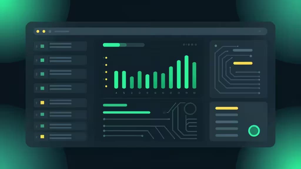Panel oscuro con barras de estado de servidores en verde y gráficos de circuitos, ilustrando herramientas de monitorización open source auto-alojadas.