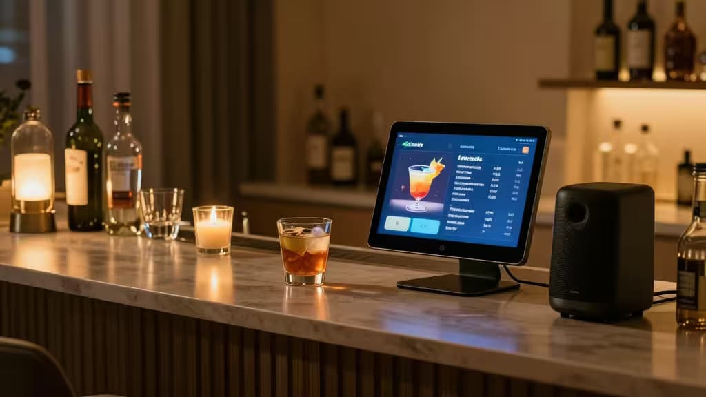 Smart display and speaker on marble bar, lit by candles and ambient light.