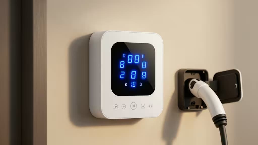 White smart energy monitor with blue LED display mounted beside an active EV charger on a beige wall.
