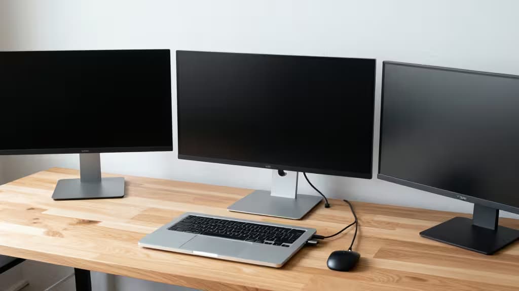 Tre monitor moderni affiancati su una scrivania in legno chiaro, con un MacBook Pro argentato al centro, illuminazione naturale soffusa.