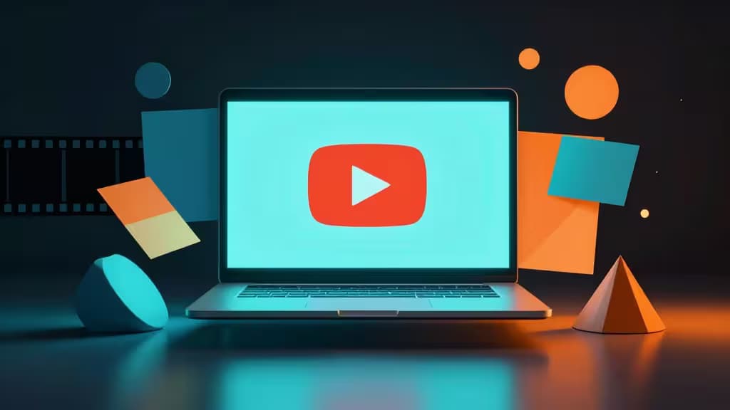 Laptop displays YouTube logo amid floating geometric shapes, symbolizing AI-powered thumbnail creation for content creators.