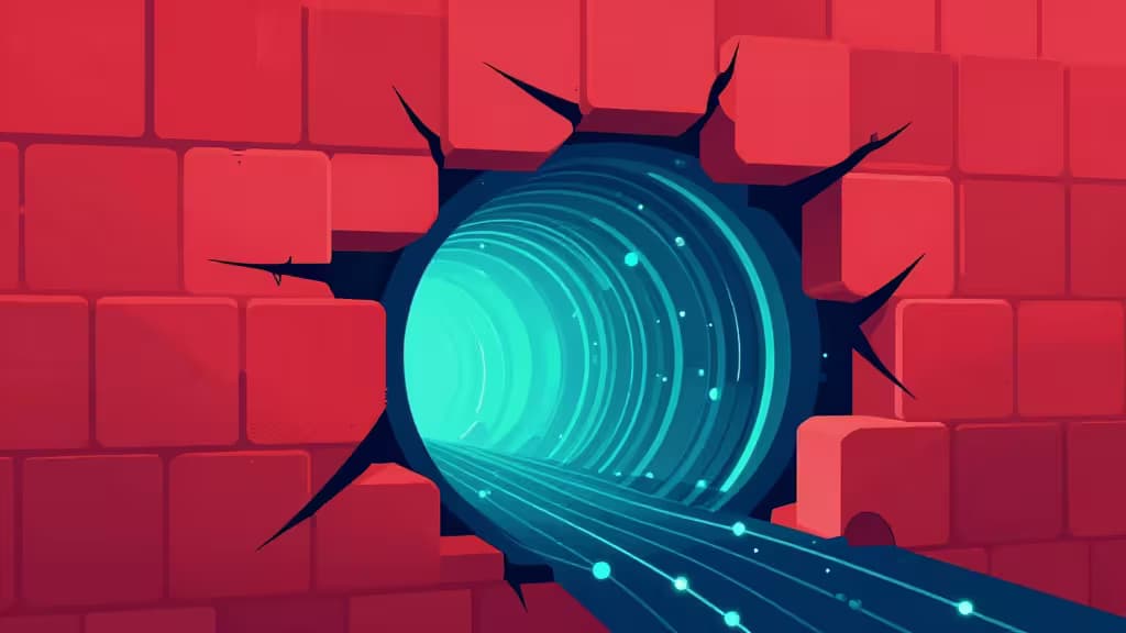 Een gloeiende blauwe versleutelde tunnel doorbreekt een rode bakstenen muur, symboliserend het omzeilen van Russische internetcensuur.