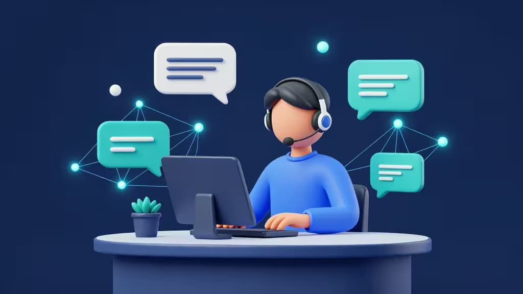 A 3D-rendered support agent with headset types at a desk, surrounded by floating chat bubbles and glowing network nodes on a dark blue background.