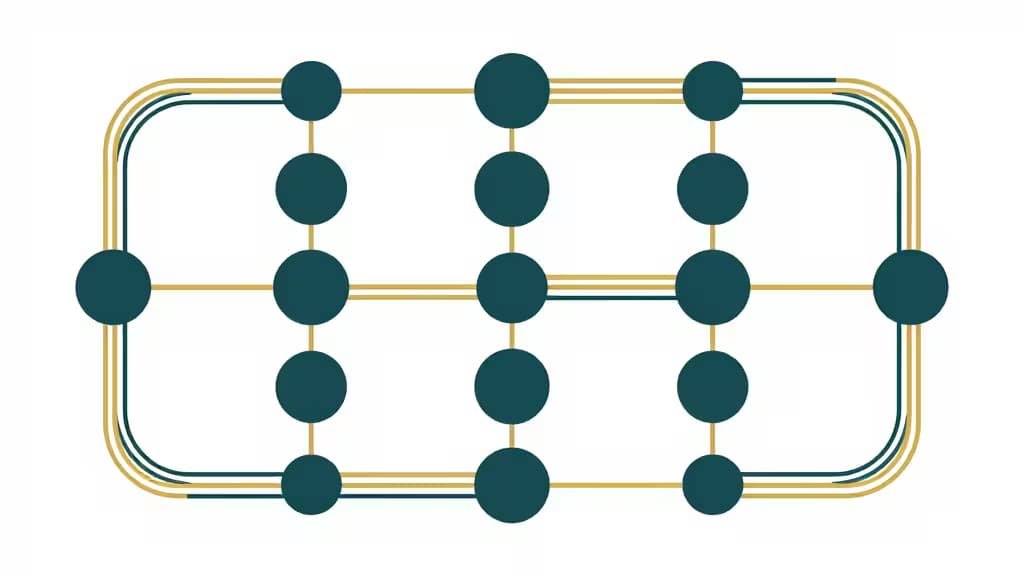 Abstract illustration of a directed acyclic graph with interconnected nodes and flowing data streams in dark teal and amber tones, representing data pipeline orchestration.