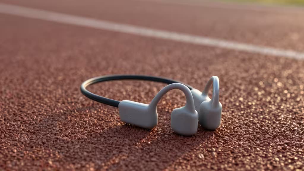 Sleek titanium bone conduction headphones rest on a textured red running track at dawn.