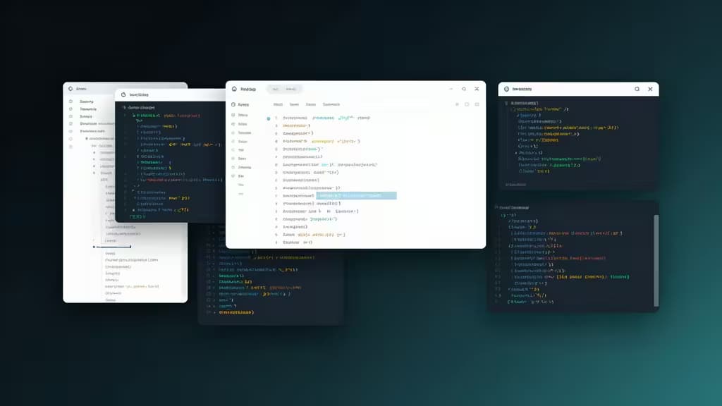 Four overlapping code editor windows display syntax-highlighted scripts against a dark teal gradient background.