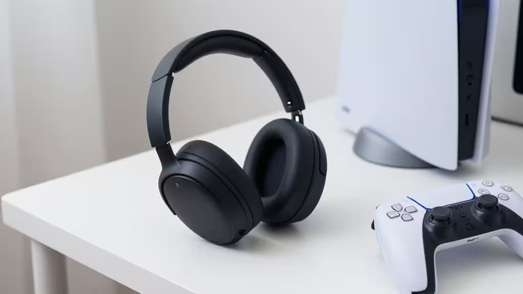 Zwarte over-ear gaming headset naast een witte PS5 console en DualSense-controller op een minimalistische tafel.