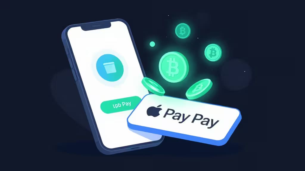 Moedas de criptomoeda brilham enquanto emergem de um smartphone com interface de pagamento móvel Apple Pay e Google Pay, sobre um fundo escuro.