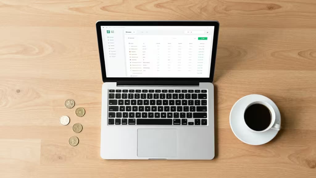 Laptop displays crypto dashboard, coins beside, coffee cup right, wooden desk background.