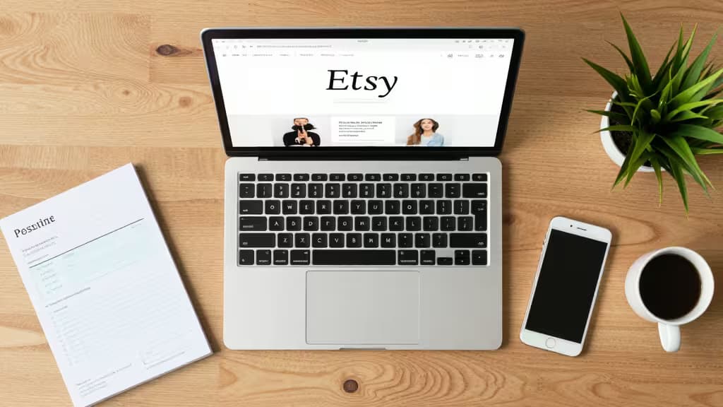 Laptop displays Etsy homepage, surrounded by documents, phone, coffee, and plant on wooden desk.
